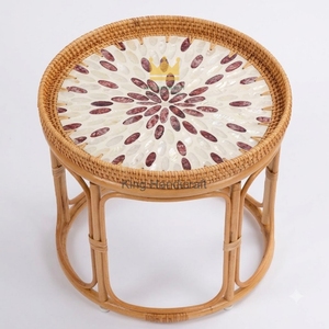 Manufacturer Eco Friendly Woven Rattan Tea <b>Table</b> Decorative Shell Inlay <b>Round</b> <b>Bedside</b> Corner <b>Table</b> Furniture - Product Image 3