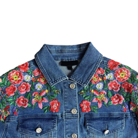 Fabricants de vêtements, veste en jean pour femmes personnalisée avec broderie florale, boutonnée, luxe, coupe classique, veste en jean patchwork