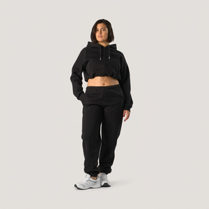 Conjunto de Sudadera con Capucha de Forro Polar de 2 Piezas para Mujer, Manga Larga, Top Corto, Color Negro Sólido, Corte Holgado Informal, para Todas las Temporadas, Ropa Deportiva - Product Image 1