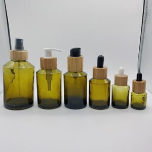 Série d'emballage cosmétique bouteille en verre vert <span class=keywords><strong>olive</strong></span> et pot en verre avec pompe/couvercle/compte-gouttes/bouteilles de pompe de pulvérisation en bambou - Product Image 2