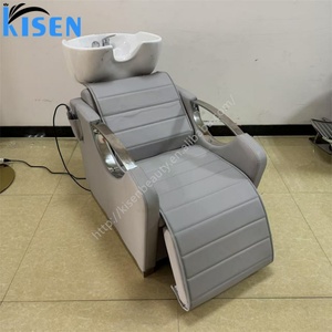 Kisen Salon Beige White Colorful Comfortable High-<b>end</b> Lay-down Hair Washing Shampoo Chair with Armrest for Barbershop - Product Image 5