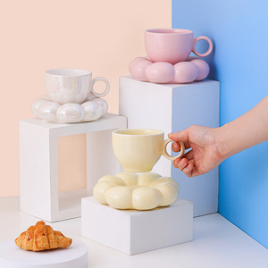 Ly cà phê gốm hình hoa hướng dương, ly <span class=keywords><strong>latte</strong></span> độc đáo, ly văn phòng dễ thương, bộ ly trà và đĩa 6.7 <span class=keywords><strong>oz</strong></span> 200ml - Product Image 1