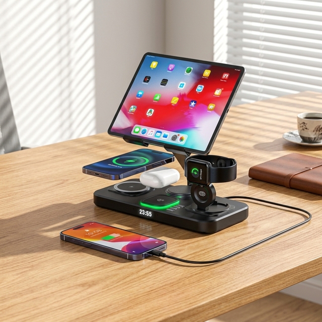 6 in 1 Foldable Rotatable Wireless Charging Station with Clock Display for Apple Charging Station Travel Foldable Charger