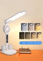 Lampe de bureau LED pliable à double tête OEM, moderne, alimentée par batterie DC, intensité réglable, en plastique ABS blanc, avec ventilateur et porte-stylo – Offre Spéciale