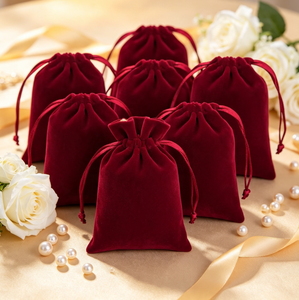 Pochette en velours flanelle rouge bordeaux avec cordon de serrage, sac portable pour bijoux, emballage de bonbons de mariage, pochette cadeau avec cordon de serrage - Product Image 2