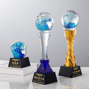 Crystal <b>Trophy</b> With <b>Engraved</b> Wave Ball For Awards And Business Gifts Durable Dewaxed Glass Base For Conference Use - Product Image 1