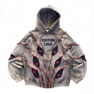 Sweat à capuche brodé marron d'hiver, style streetwear délavé, déchiré, décoloré au soleil, délavé à l'acide, hip hop, tie dye vintage Y2k pour hommes - Product Image 1