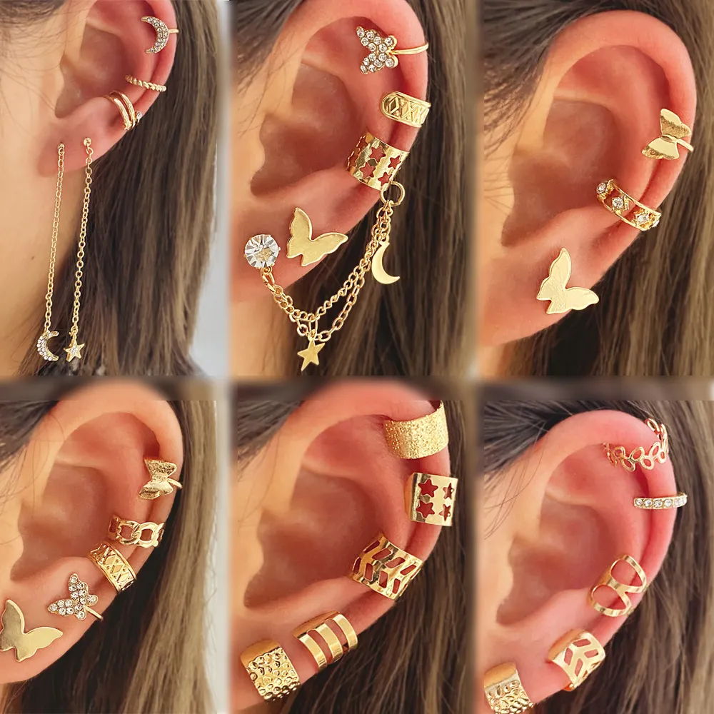 2024 new fashion jewelry 18K gold plated chain earring set ear cuff wholesale stud earring set for women girl