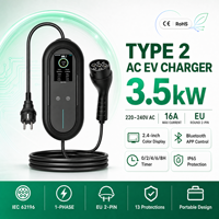 Chargeur EV portable 3,5 kW Type 2, monophasé 16A réglable (8A, 10A, 13A, 16A), prise Schuko, IC-CPD, écran LCD, minuterie, IP65, chargeur domestique