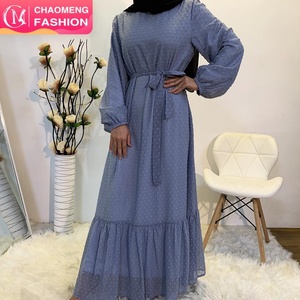 6294# Wholesale Turkish Modern Ruffle Polka Dot Islamic Clothing Dubai Abaya Designs Modest <b>Maxi</b> Muslim Fashion Dress - Product Image 1