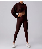 Ensemble de yoga 2 pièces pour femme, taille plus, haut court uni à manches longues, legging et soutien-gorge de sport, pantalon de jogging respirant extensible dans les quatre sens pour la gym