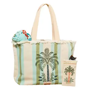 Vacaciones de verano de alta calidad para mujer pequeña lona algodón bordado borlas playa bolso de mano boutique playa bolso de compras