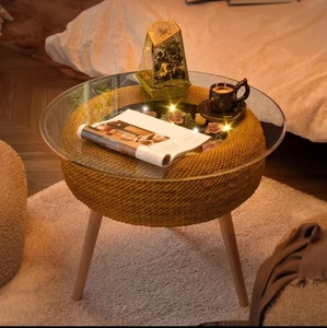 Mesa <span class=keywords><strong>de</strong></span> <span class=keywords><strong>centro</strong></span> artesanal <span class=keywords><strong>de</strong></span> madera premium con diseño floral y estilo tejido, decoración elegante para el hogar - Product Image 1