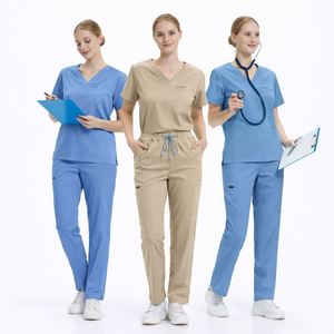 Blue Color <b>Doctor</b> Fashion Unisex 2 Piece <b>Set</b> Nurse Uniform Short Sleeve Top Jogger Pants Spandex Polyester Rayon Scrubs Supplier - Product Image 1