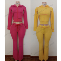 Ensemble Deux Pièces Solide Personnalisé pour Femme, Veste à Capuche Zippée Manches Longues, Pantalon Évasé Large au Genou en Maille Gaufre