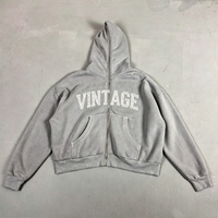 Hoodie vierge personnalisable pour marque de streetwear, avec impression délavée à l'acide, style vintage et fermeture éclair à strass