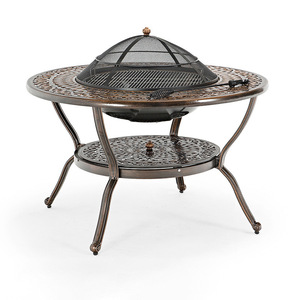 Outdoor Aluminum Fire Pit <b>Table</b> <b>Round</b> Traditional Design Heat Resistant <b>Patio</b> Furniture with Grill and Storage Shelf - Product Image 1