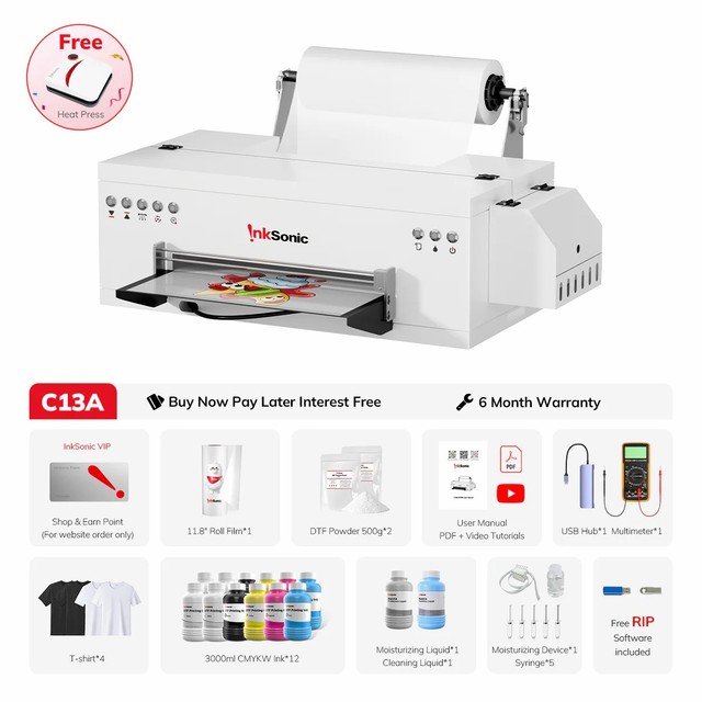 InkSonic C13A A3 Desktop DTF Printer with 1 Year Warranty for Small Business Custom T-Shirt Bag Printing 1390 L1800 DTF Printing