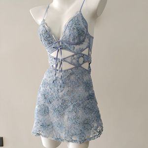 Tease Lace Mini Slip Flirty Kleid Frauen Schleifen Floral Mesh Dessous Kleid Babydoll Strap Chemise V-Ausschnitt Sexy Nachtwäsche