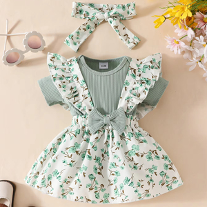 ชุดเซ็ต 3 ชิ้น ผ้าฝ้ายสำหรับเด็กทารก ลายดอกไม้ ประดับระบาย สายรัดกระโปรง แขนสั้น พร้อมผ้าโพกหัว น่ารัก ลาย ODM ปี 2025 สำหรับฤดูร้อน แบบ unisex - Product Image 2