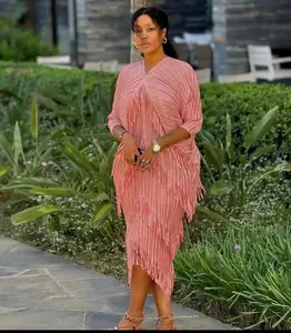 Vestido de Fiesta Casual para Mujer, Estilo Occidental, Holgado, con Cuello en V, Mangas de Murciélago y Flecos Plisados, Talla Grande, Venta al por Mayor de Fábrica - Product Image 1