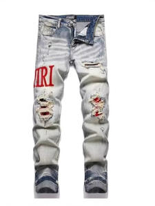 AM الرجال الرجعية فاتح الجينز الأزرق عارضة نمط مستقيم بالأسى تمتد المطبوعة قماش الدنيم المصبوغ - Product Image 3