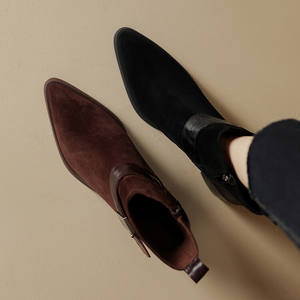 Best-selling Top-grain Cowhide Solid Color Retro Belt-decorated Long Anti-slip <b>Waterproof</b> Casual <b>One</b>-foot Thick-heeled Mid-calf - Product Image 6