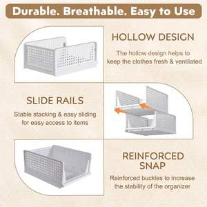 Modern Design Foldable Storage <b>Basket</b> with Thickened PP 35L Capacity Pull-Out Stackable Wardrobe Rack for Bedroom Organizing - Product Image 3