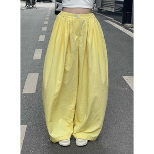 Pantalones Anchos de Verano para Mujer, Cintura Elástica con Cuentas y Encaje, Diseño Floral, Transpirables, Casuales, Estilo Urbano, Color Amarillo, Nuevo Diseño - Product Image 1