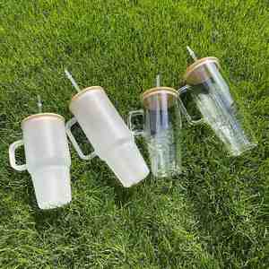 Nuevo Vaso de Vidrio Transparente Esmerilado de 32oz/40oz con Tapa de Madera, Personalizable con Logotipo, para Sublimación, con Asa y Pajita, para Agua o Café - Product Image 5