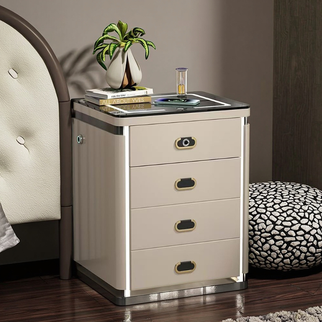 Modern Minimalist Solid Wood 4-Drawer Mirrored LED Lighting Smart Wireless Charging Assembled Bedside Table Storage Apartment