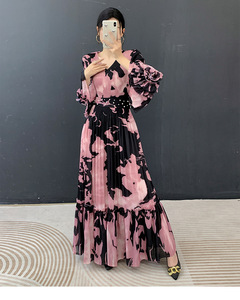 Vestido plisado Miyake estilo oficina 2026 con cuello redondo, manga trompeta, cintura fruncida y estampado, ropa occidental para mujer al por mayor - Product Image 3