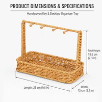 Plateau de rangement d'entrée en rotin synthétique PP tissé à la main avec 4 crochets en bois pour clés, bijoux et articles divers de bureau