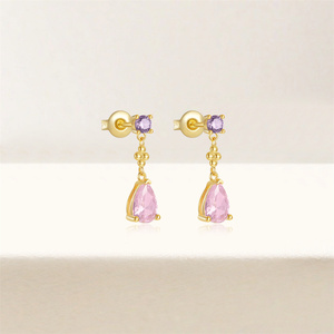 CANNER Summer Pink Teardrop Color 5A Zircon S925 Sterling <b>Silver</b> Classic <b>Stud</b> <b>Earrings</b> for Women Girls - Product Image 3