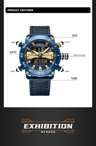 NAVIFORCE 9235 BEBEBE Montre à quartz en cuir véritable bleu d'usine pour hommes, double heure, analogique, sport, étanche, montre-bracelet OEM - Product Image 5