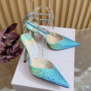 Luxury <b>point</b> <b>toe</b> Gradient blue rhinestone stiletto heels for women summer dress shoes party shoes high heels for ladies - Product Image 3