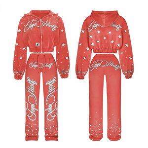 Ensemble de survêtements streetwear pour femme, comprenant un sweat à capuche court et un pantalon de survêtement, avec impression en relief, ensemble 2 pièces style Y2K - Product Image 1