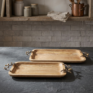 <b>Set</b> of 2 Natural Polished Carved Mango Wood <b>Serving</b> Trays with Brass Leaf Handles - Product Image 2
