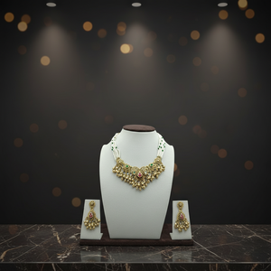 Traditional Silver White Green <b>Beaded</b> Choker Necklace <b>Set</b> with Kundan Work Hanging Drops and Matching Earrings - Product Image 4