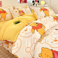 Parure de Lit Grand Lit 4 Pièces en Pur Coton Bleu Dessin Animé, Housse de Couette, Drap de Lit et Drap Housse Imprimés
