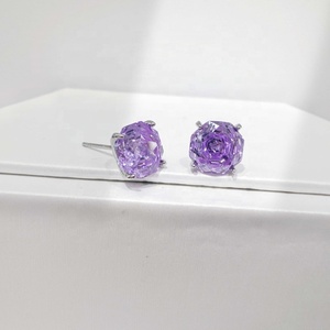 Boucles d'oreilles clous en cuivre avec zircone cubique taille rose, classiques, pour soirée, pierre naturelle violette, luxe, pierre de naissance pour femme, boucles d'oreilles pas chères - Product Image 1
