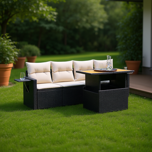 Ensemble de canapé de jardin avec accoudoirs réglables, moyen, noir, en rotin PE, mobilier d'extérieur, 3 places, design contemporain - Product Image 2
