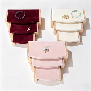 Three-Tier <b>Sliding</b> Velvet Jewelry Display Stands With Natural Wooden Frames For Retail Boutiques And Product Photography - Product Image 3