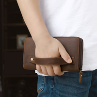 Dompet Panjang Kulit Asli Pria dengan Ritsleting, 9 Slot Kartu, Tali Pegangan, untuk Produsen OEM Merek AS