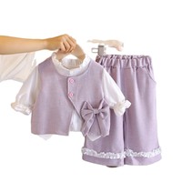 Nouvel ensemble 3 pièces automne 2026 pour filles : gilet décoré d'un nœud, haut à manches longues et pantalon décontracté tendance pour bébé