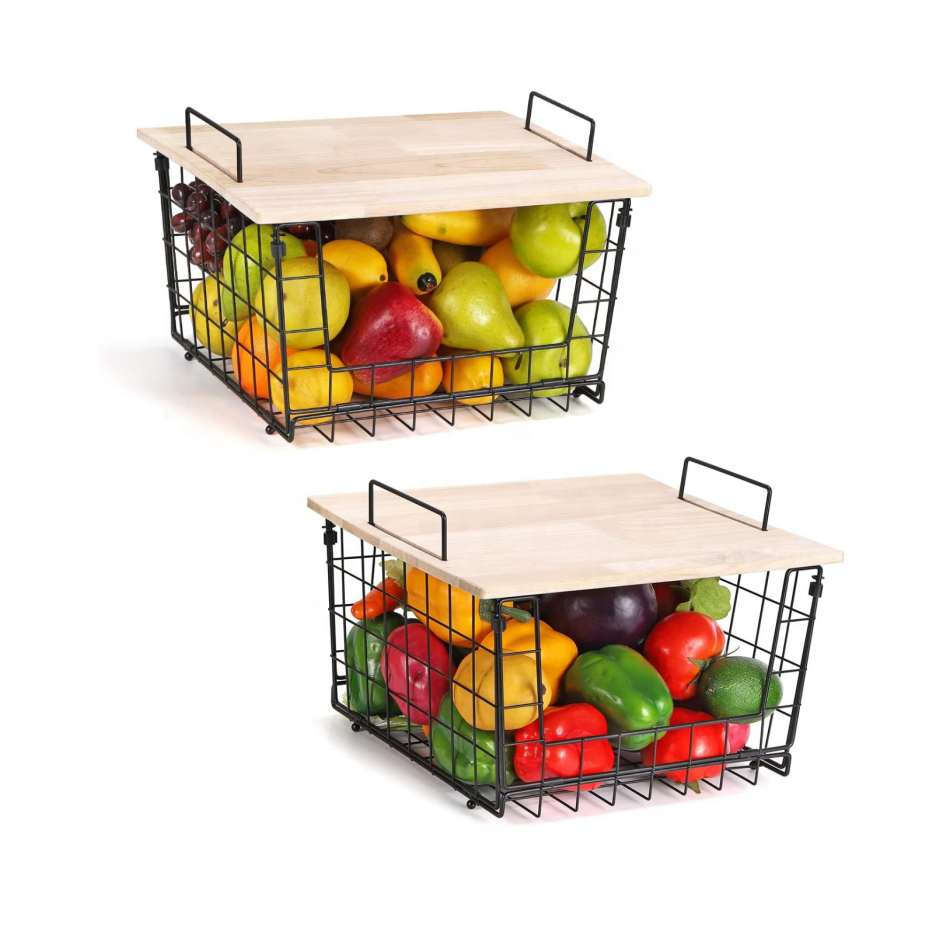 Cestas de Metal apilables para almacenamiento de patatas y cebolla, organizador de frutas plegable con tapa de madera, 2 paquetes, gran oferta