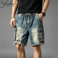 Shorts cargo en jean pour hommes, 100% coton, de haute qualité, avec logo personnalisé, bords bruts, effet usé, style streetwear hip-hop, fabriqués par un fabricant.