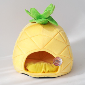 Lit pour animaux de compagnie en forme d'ananas, maison douce pour chat, ronde avec feuilles vertes pour chats - Product Image 3