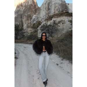 Manteau long et ajusté en fourrure noire Leroy avec imprimé vintage, fermeture à simple boutonnage, en fausse laine et soie - Product Image 3