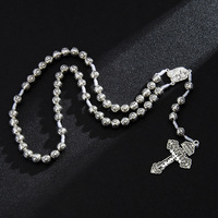 Collier chapelet Saint-Michel en argent vieilli vintage, perles rondes croix punk hip-hop, cordon blanc pour femmes et hommes